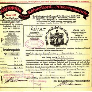Antike Versicherungspolice Reisegepäckversicherung 1923 Agrippina Versichungsgesellschaft