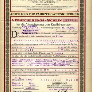 Antike historische Kraftfahrzeugversicherung für Audi von Agrippina Versichungsgesellschaft von 1920